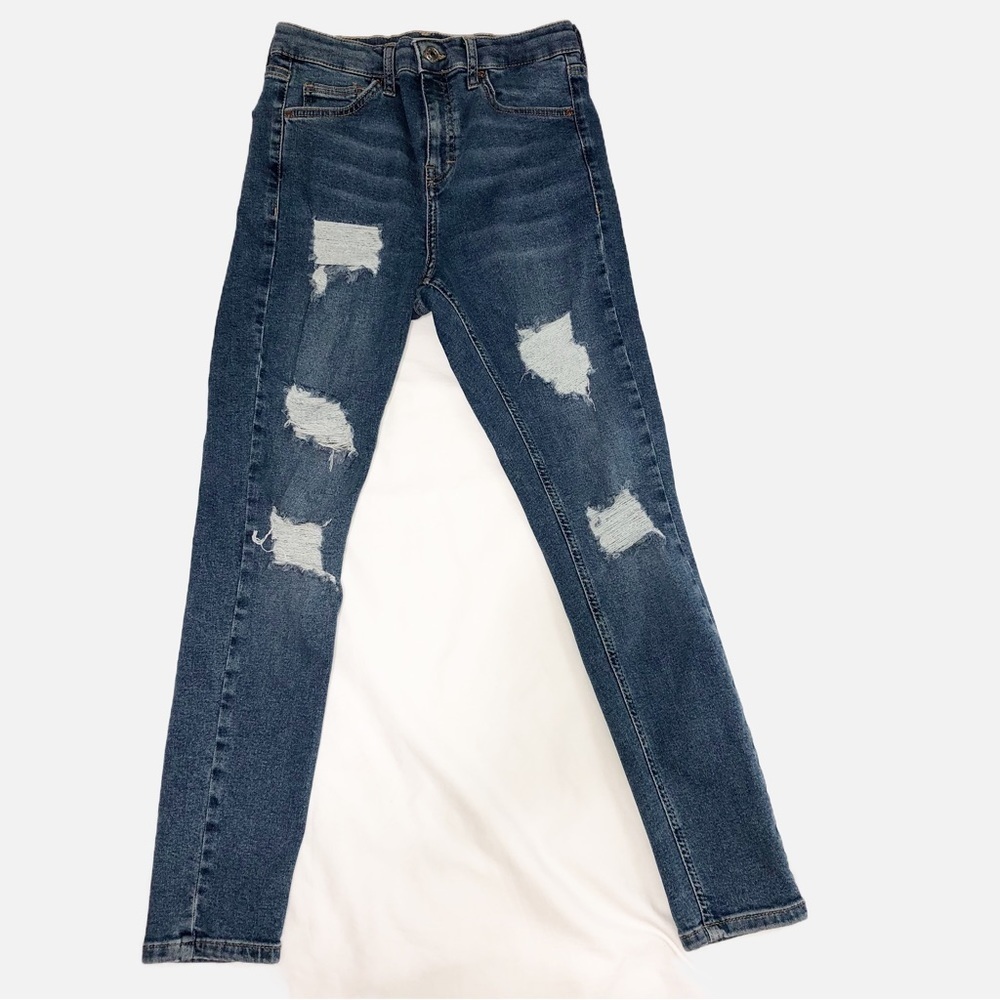 Topshop Moto Jamie Size 28x30 Jeans Blue Stretch Skinny High Rise Distressed Zip